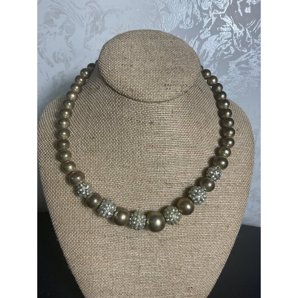 Vintage Brass & Rhinestone Beaded Necklace With Lobster Claw Closure